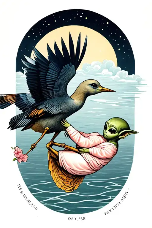 A Crane Flies And Carries A Swaddled Baby Alien