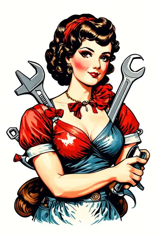 Traditional Pinup Girl Plumbing Tools Like Wrenches