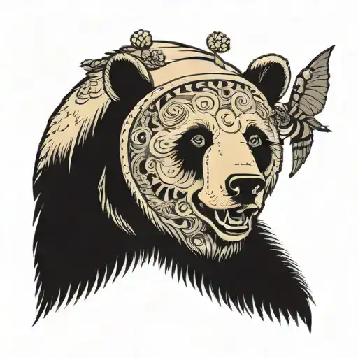 Divide Bear Head In Panda And Grizzly Bear With Bees Around
