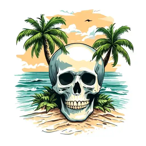 Skull On Beach Scene With Palm Trees