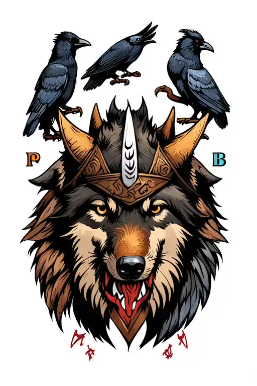 Generator Me A Viking Tattoo With The March Symbol With Wolves And The Ravens With A Little Color