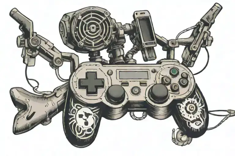 A Traditional Tattoo Of A Game Console Controller Intertwined With A Drone