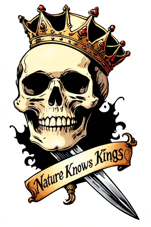 Skull Wearing A Crown With A Sword Peircing Through The Head And The Text Nature Knows No Kings