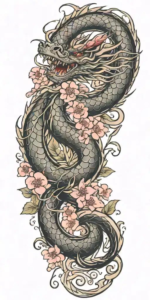 Dragon Coil And Cherry Blossom Petals Falling