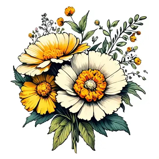 Marigolds And Cosmos Flowers