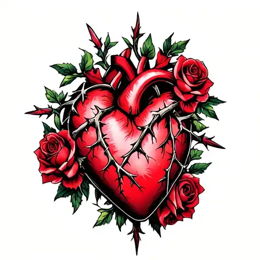 Heart Surrounded By Thorns And Roses Intertwined