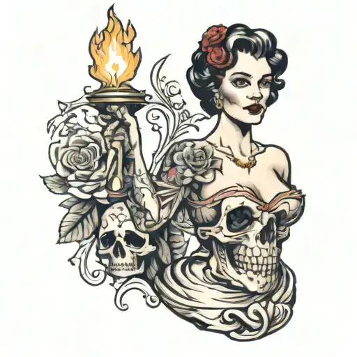 A Lady In Dress Holding A Torch Up With Her Both Hands While Standing Over Skull