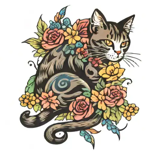 Cat And Flowers Intertwined