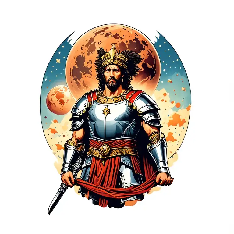 Roman God Mars In Armor With Planet Mars As Back Ground