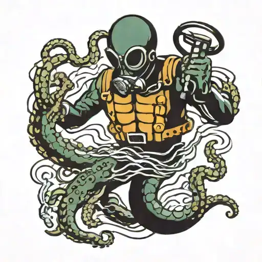 Old School Diver Fighting A Octopus With A Knife American Traditional Style