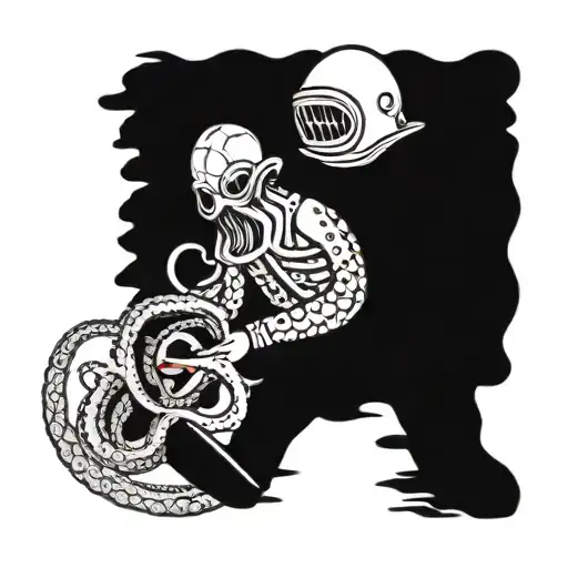 Old School Diver Fighting A Octopus With A Knife American Traditional Style No Color
