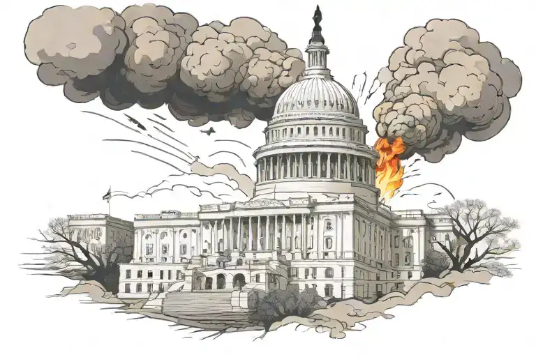 Us Capital Building Abandoned Starting To Crumble With Fire And Smoke Coming Out Of It