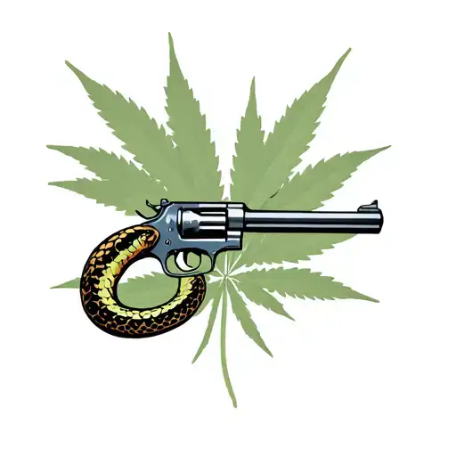 A Gun With A Snake Writhing In The Background Of Marijuana Leaves
