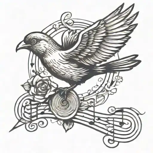 A Traditional Style Tattoo Of A Bird Soaring Through A Musical Staff