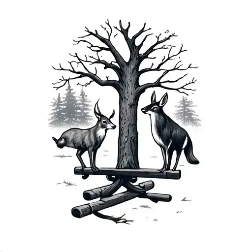 A Shoulder Sleeve With Two Woodland Pictures Merged Together With A Teeter Totter Balancing