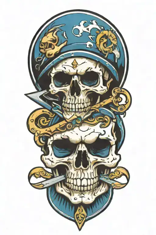 A Skull With Blue Markings Holding A Dagger