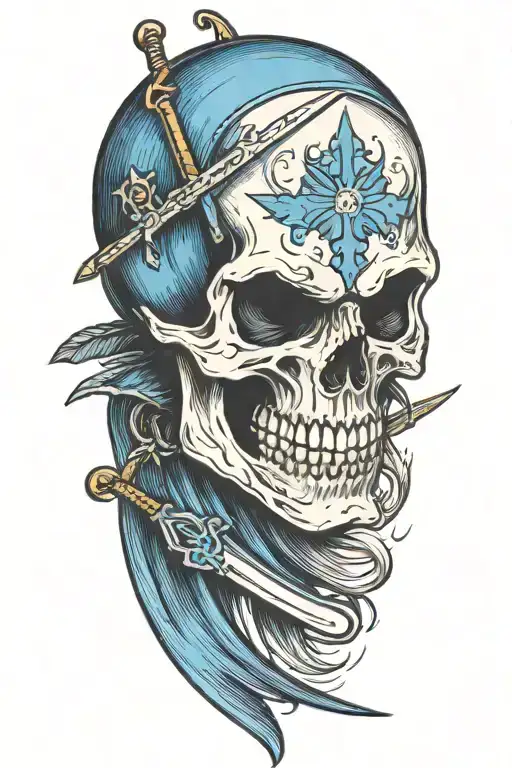A Skull With Blue Markings With A Sword Through Its Head