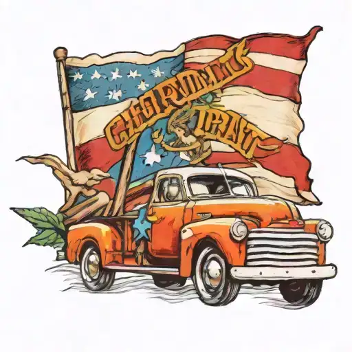 A Tattoo Design Of A Chevrolet Truck Carrying A Giant Oklahoma State Flag