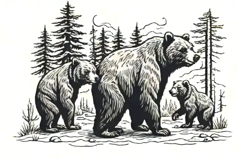3 Grizzly Bears In The Woods Peacefully