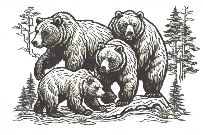 3 Grizzly Bears In The Woods Peacefully