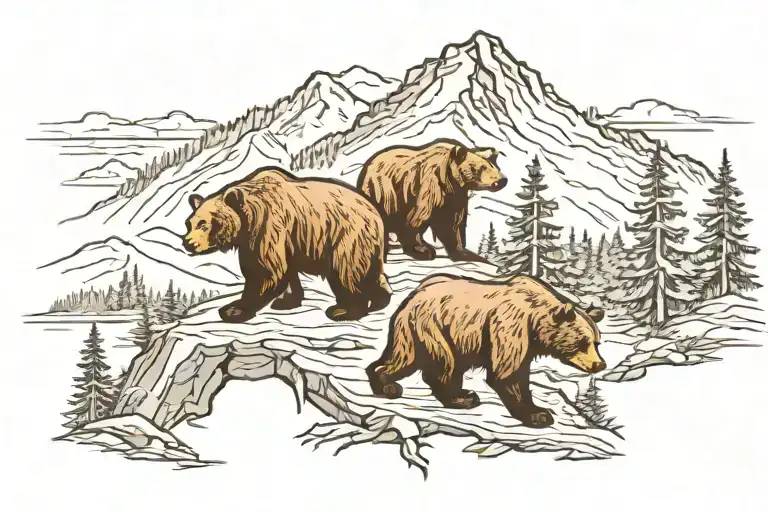3 Grizzly Bears In The Woods Walking Down 3 Different Paths Peacefully With Mountain In Back Ground