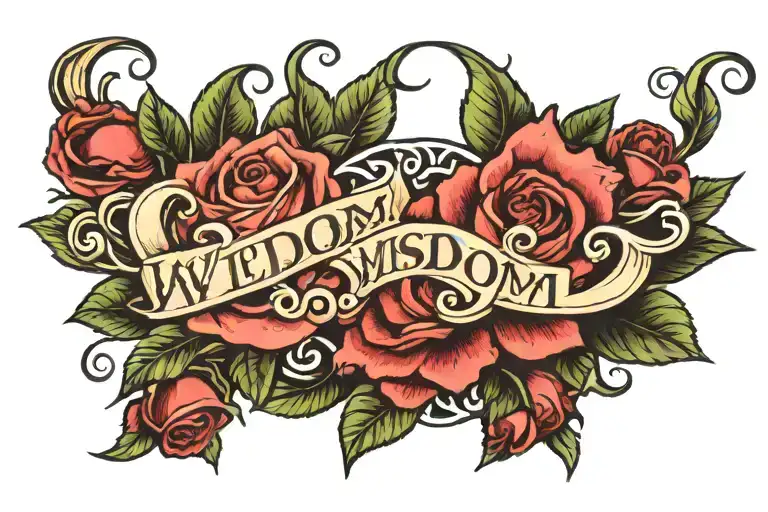 Word 'Wisdom' Written In Calligraphy Surrounded By Roses