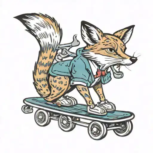A Traditional Style Tattoo Of A Fox Balancing On A Roller Skate While Holding A Cocktail Umbrella