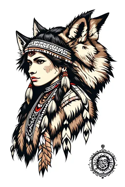 Native Woman Warrior Wearing A Wolf Fur