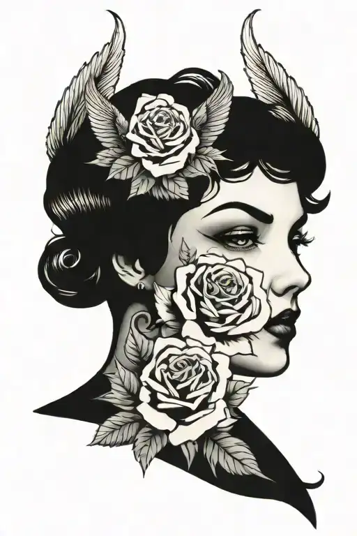 Lady Head With Wings And Roses