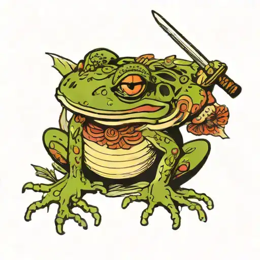 Japanese Frog With Sword With Sekura Tree In Background
