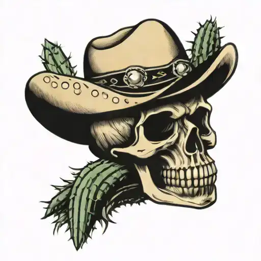 Skull With Cowboy Hat With A Cactus In Its Mouth