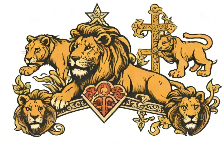 Cross With Lion And Two Lion Cubs