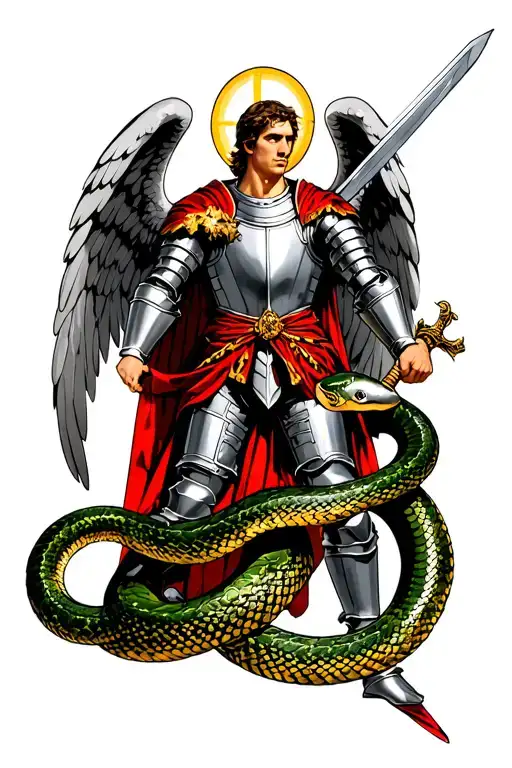 Saint Michael The Archangel In Suit Of Armor Slaying Snake With Sword