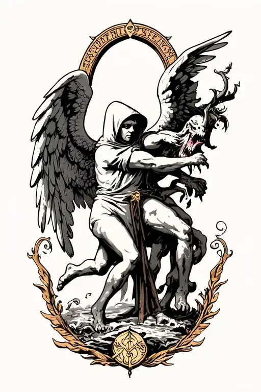 Hooded Arch Angel Defeating A Demon