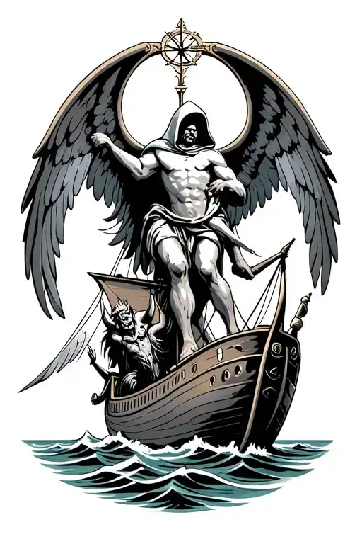 Hooded Arch Angel Defeating A Demon Viking Ship Sailing