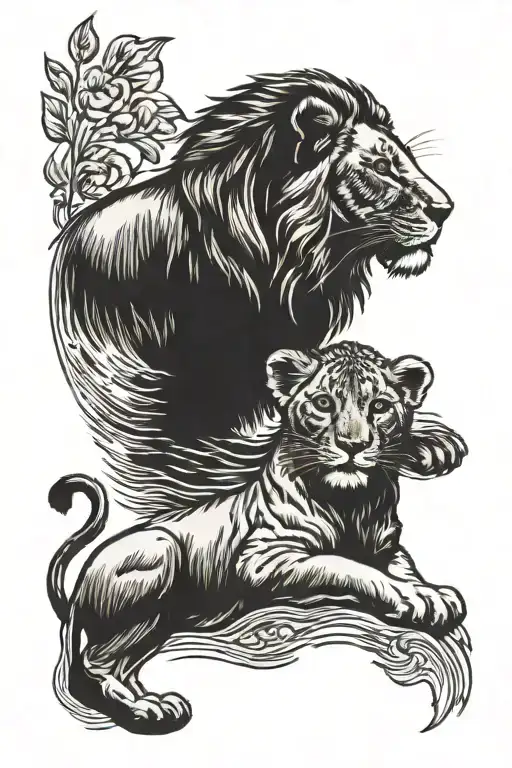 Lion Two Cubs In Reflective Pool