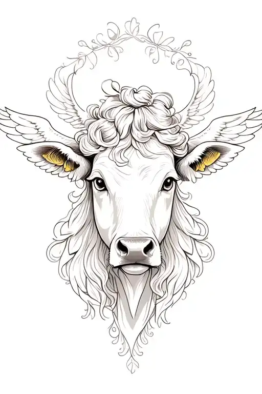 Female Cow Head Thin Lines Stencil Very Feminine Beautiful With Angel Wings