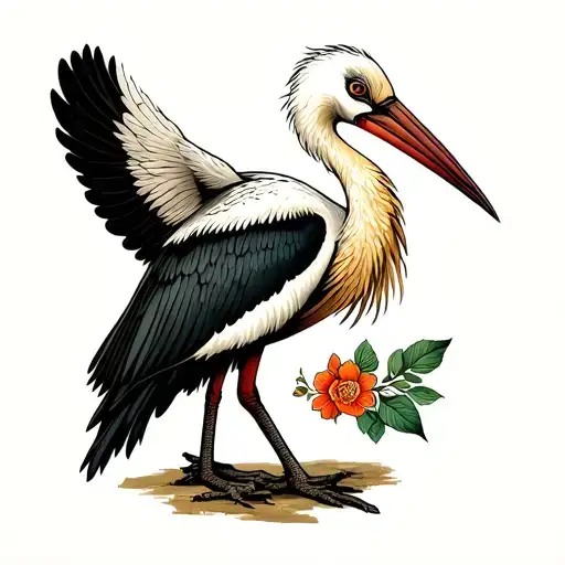 Stork Marabu In A Traditional Style