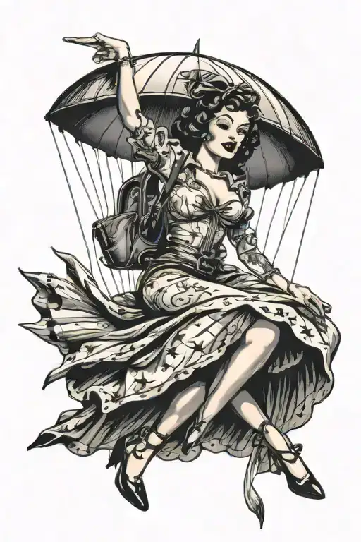 Pin Up Girl Gliding From Parachute Hanging