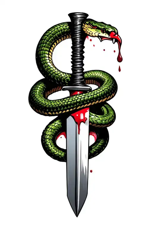 Snake Wrapped Around Dagger Being Stabbed With Blood Traditional