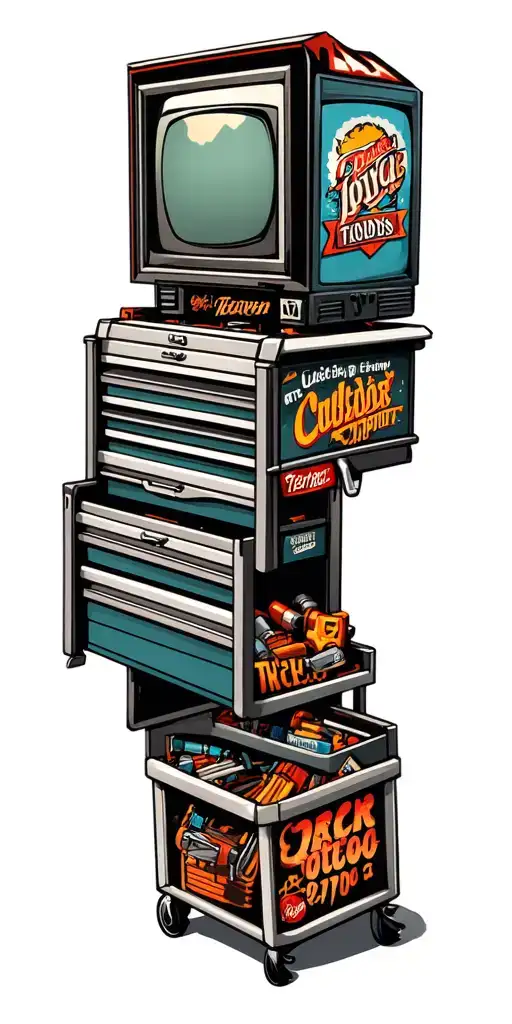 A Mechanic's Tool Chest With Tv Show References As Tattoos On The Tools