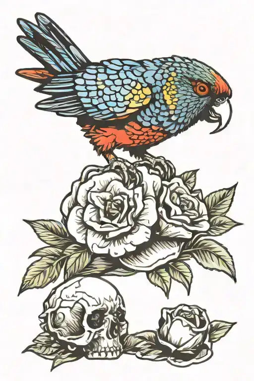 Rainbow Lorikeet Standing On Top Of Skull With Flowers