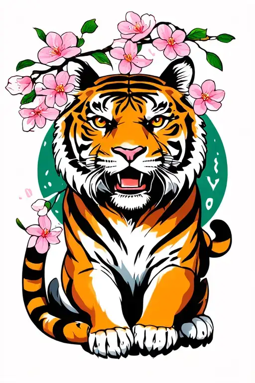 Climbing Tiger With Cherry Blossoms