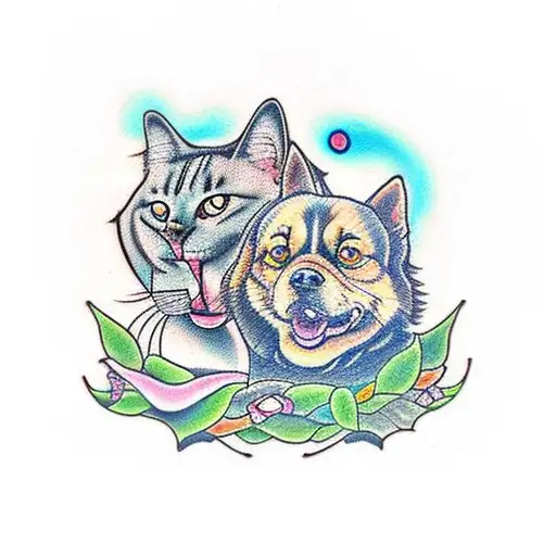 A Tattoo Of A Dog And A Cat Walking Together In A Enchanted Forest