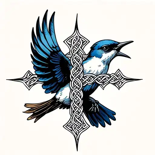 Swallow Bird Flying Away Celtic Cross Intertwined