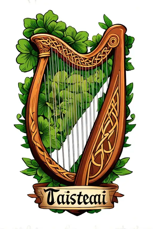 Irish Harp With Taistealai Text In Celtic Font