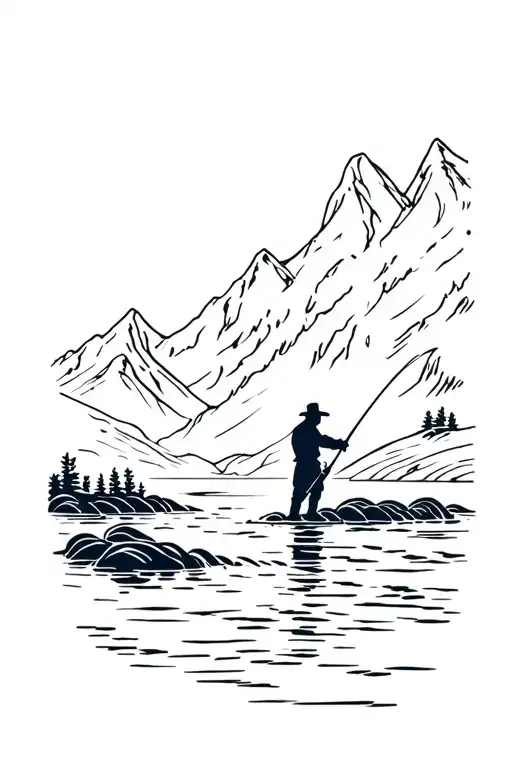 Silhouette Of Man Fishing In A Mountain Stream Flowing