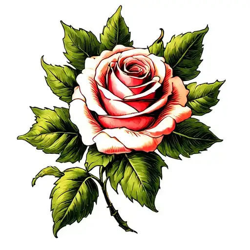 Horizontal Rose And Green Leaves Tattoo No Backgronud