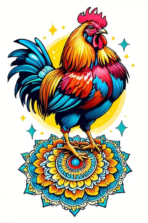 A Groovy Rooster From Outer Space Is Prancing On A Mandala