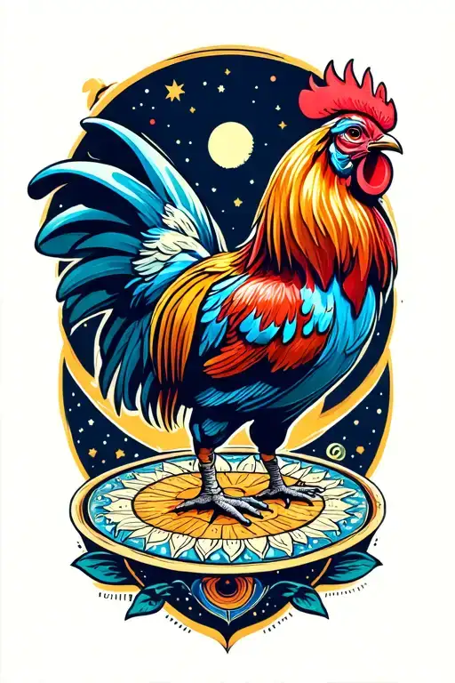 A Groovy Rooster In An Astronaut Uniform Is Prancing On A Mandala In Outer Space